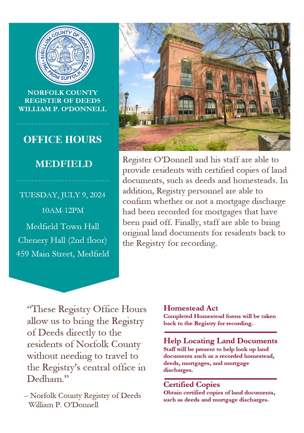 Register O’Donnell to Bring the Registry of Deeds Directly to Medfield